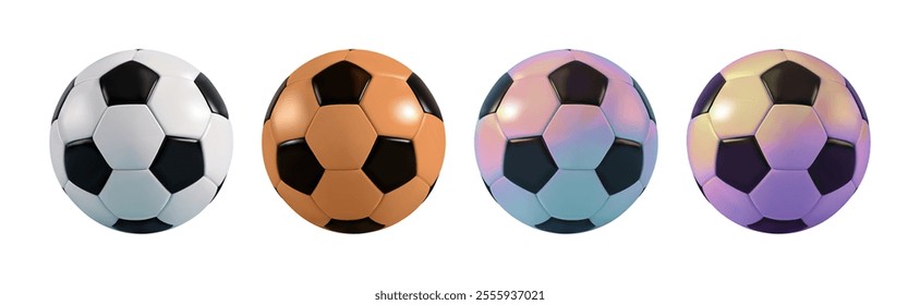 Soccer ball vector 3d icon set. Black and white european football league soccerball. Sport isolated logo for game bet. Handball isolated realistic render for world cup, school team, club tournament.