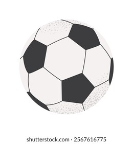 Soccer ball. Vector illustration of a black and white soccer ball. Soccer equipment, sport, football, outdoor activity. Simple flat style isolated on white background.