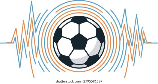Soccer ball vector illustration with sound waves, football sports logo with audio frequency lines, dynamic athletic energy concept