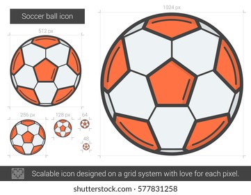 Icono de línea vectorial de bola de fútbol aislado en fondo blanco. Icono de la línea de baloncesto de fútbol para infografía, sitio web o aplicación. Icono escalable diseñado en un sistema de cuadrícula.