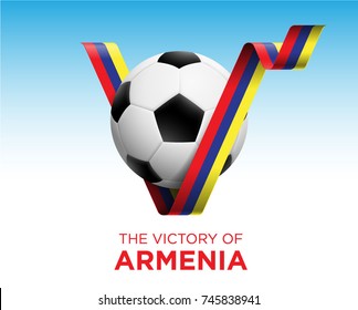 Soccer Ball With Victory Armenia Flag Banner. Vector Illustration.