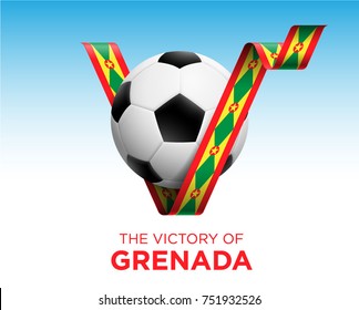 Soccer Ball With Victory Grenada Flag Banner. Vector Illustration.