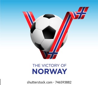 Soccer Ball With Victory Norway Flag Banner. Vector Illustration.