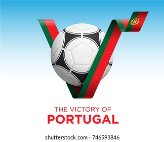 Soccer Ball With Victory Portugal Flag Banner. Vector Illustration.