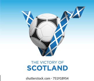 Soccer Ball With Victory Scotland Flag Banner. Vector Illustration.