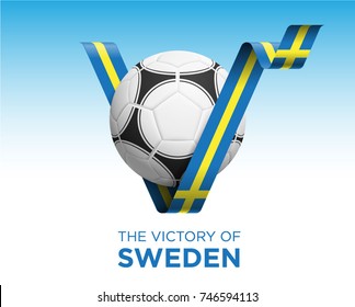 Soccer Ball With Victory Sweden Flag Banner. Vector Illustration.