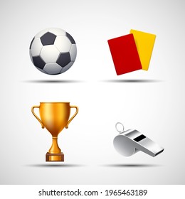 Soccer ball, whistle, gold cup and cards. Icons isolated on white background. Vector illustration.