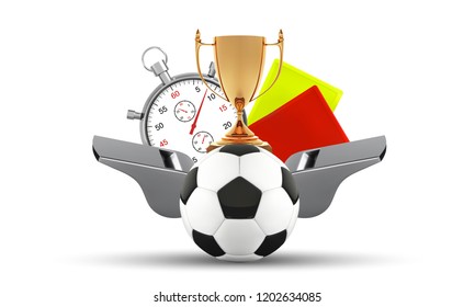 Soccer ball, whistle with a stopwatch, yellow and red card. Soccer set of icons with referees objects, trophy, ball, isolated on white background vector illustration