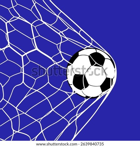 soccer ball in a white net in the goalpost, football goal illustration with blue background