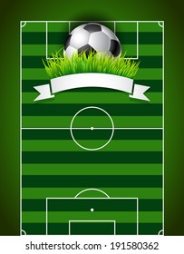 Soccer ball with white ribbon on green football field background - template for competition presentation 