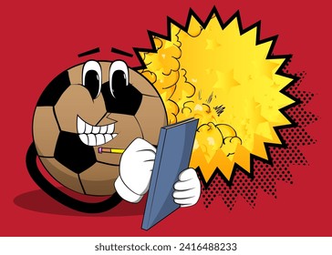 Soccer ball writing on a books cover. Traditional football ball as a cartoon character with face.