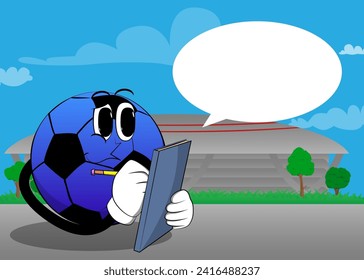 Soccer ball writing on a books cover. Traditional football ball as a cartoon character with face.