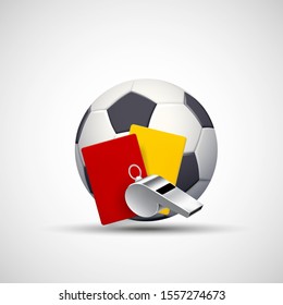 Soccer ball, yellow and red cards and referee whistle. Icon isolated on a white background. Vector illustration