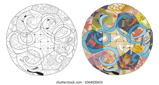 Soccer ball zentangle styled with clean lines for coloring book for anti stress, t-shirt design, tattoo and other decorations. Colored and outline set