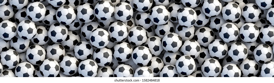Soccer balls background. Heap of classic black and white soccer balls. Realistic vector background
