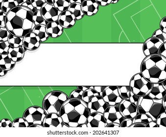soccer balls border on green playing field background