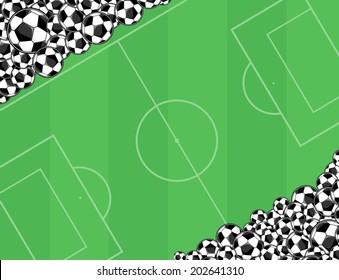 soccer balls border on green playing field background