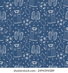 Soccer Balls, Cleats, and Jerseys Line Art Doodles on Blue Seamless Pattern Design