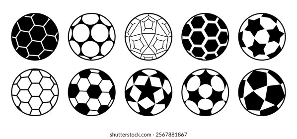 Soccer balls collection, isolated football sports equipment. Vector spherical objects designed for playing on field with players. Hobby or professional sportive activities, exercises