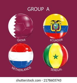 Fußball Bälle mit den Farben der nationalen Flaggen: Katar, Ecuador, Senegal, die Niederlande.Gruppe A.Matches der Gruppe Bühne der Fußball-Meisterschaft 2022 in Katar.