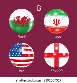 Soccer balls with the colors of the national flags of the participating countries of the group selection.The football tournament of 2022.