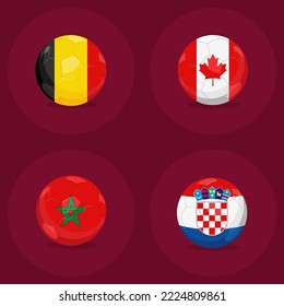 Soccer balls with the colors of national flags :Belgium, Canada, Morocco, Croatia. Group F. Matches of the group stage of the football Championship 2022 in Qatar.