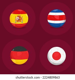 Soccer balls with the colors of national flags :Spain, Costa Rica, Germany, Japan. Group E.Matches of the group stage of the football Championship 2022 in Qatar.