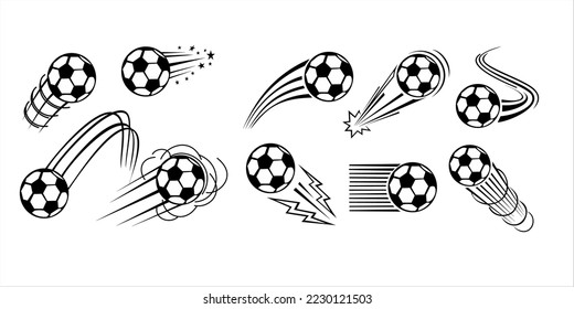  soccer balls with curved speed trails black and white background