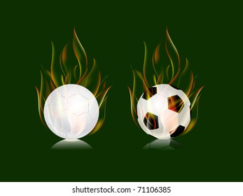 soccer balls in fire flame icon set isolated on green background