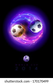 Soccer balls in flames and lights against black background. Vector poster design template.