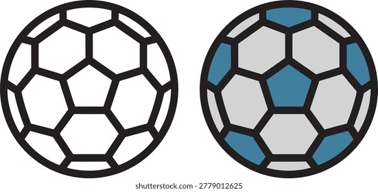 Soccer balls flat icons set in outline and colored styles with team sport sports equipment football. 2 soccer balls are shown side by side. The first ball is a black and white outline of a soccer bal.
