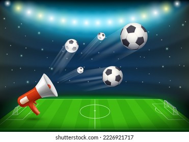 Soccer balls fly out of a megaphone against the backdrop of the stadium. Announcement and advertising of matches and the football championship. Vector illustration