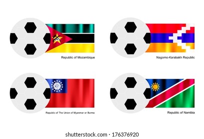 Soccer Balls or Footballs with Flags of Mozambique, Nagging Kazakh, The Union of Myanmar or Burma and Namibia on Isolated on A White Background.