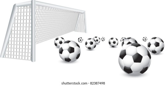 Soccer balls in front of net