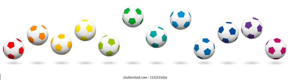 Soccer balls loosely arranged. Rainbow colored jumping soccer ball set, twelve different colors. Isolated vector illustration on white background.