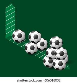 Soccer balls on a green background and a scale - a schedule of goals scored. Isometric projection.