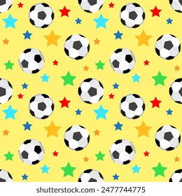 Soccer balls on a yellow background with bright multi-colored stars. Sports seamless pattern, print. Vector illustration