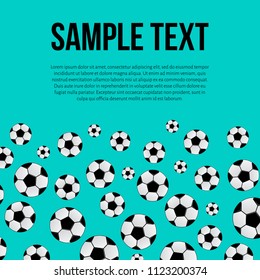 Soccer balls scattered on mint green background. Sports concept. Football vector illustration. Easy to edit template with space for text for your design projects.