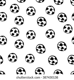 Soccer balls seamless pattern. Black and white inky illustration.