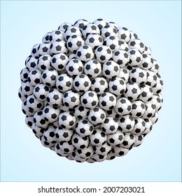 Soccer balls in shape of sphere. Many classic black and white football balls arranged in sphere shape on blue background. Realistic vector background