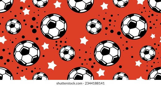 Balas de fútbol y estrellas. Patrón de fútbol de bolas, fondo rojo. Patrón para textiles, almohadas, ropa, fondo, empaque, bolígrafos. Diseño elegante.