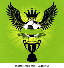 Soccer Balls with Wings, Crown and Cup, vector illustration