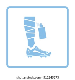 Soccer bandaged leg with aerosol anesthetic icon. Blue frame design. Vector illustration.