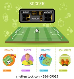 Soccer Banner and infographics with flat icons stadium, scoreboard, ball, player and goal, vector illustration