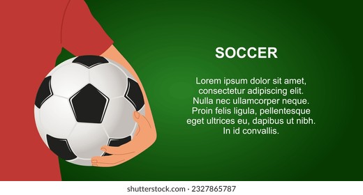 Soccer banner template. Football player holding soccer ball on the background of football field with space for text. Flat illustration for banner, poster. Vector