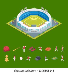 Soccer or Baseball Park or Stadium and Elements Concept 3d Isometric View Building Architecture Construction for Sport Game. Vector illustration