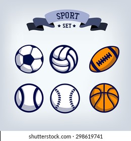 Soccer, baseball, volleyball, rugby, tennis, basketball ball emblem, 
design template element, sport icons set