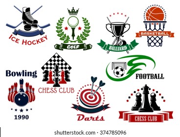 Soccer, basketball, ice hockey, golf, darts, bowling, chess and billiards sport game items, trophies and heraldic symbols. Vector illustration