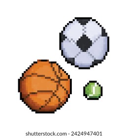 Soccer, basketball, and tennis sports ball. Pixel bit retro game styled vector illustration set collection group bundle. Simple flat cartoon drawing isolated on square white background.