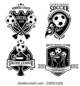 Soccer black badges set with balls and cups in vintage style on white background isolated vector illustration